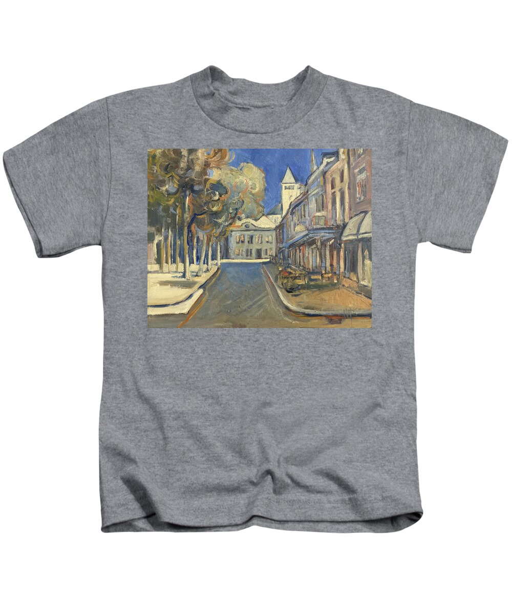 Cafe Perroen Kids T-Shirt featuring the painting Cafe Perroen Maastricht by Nop Briex