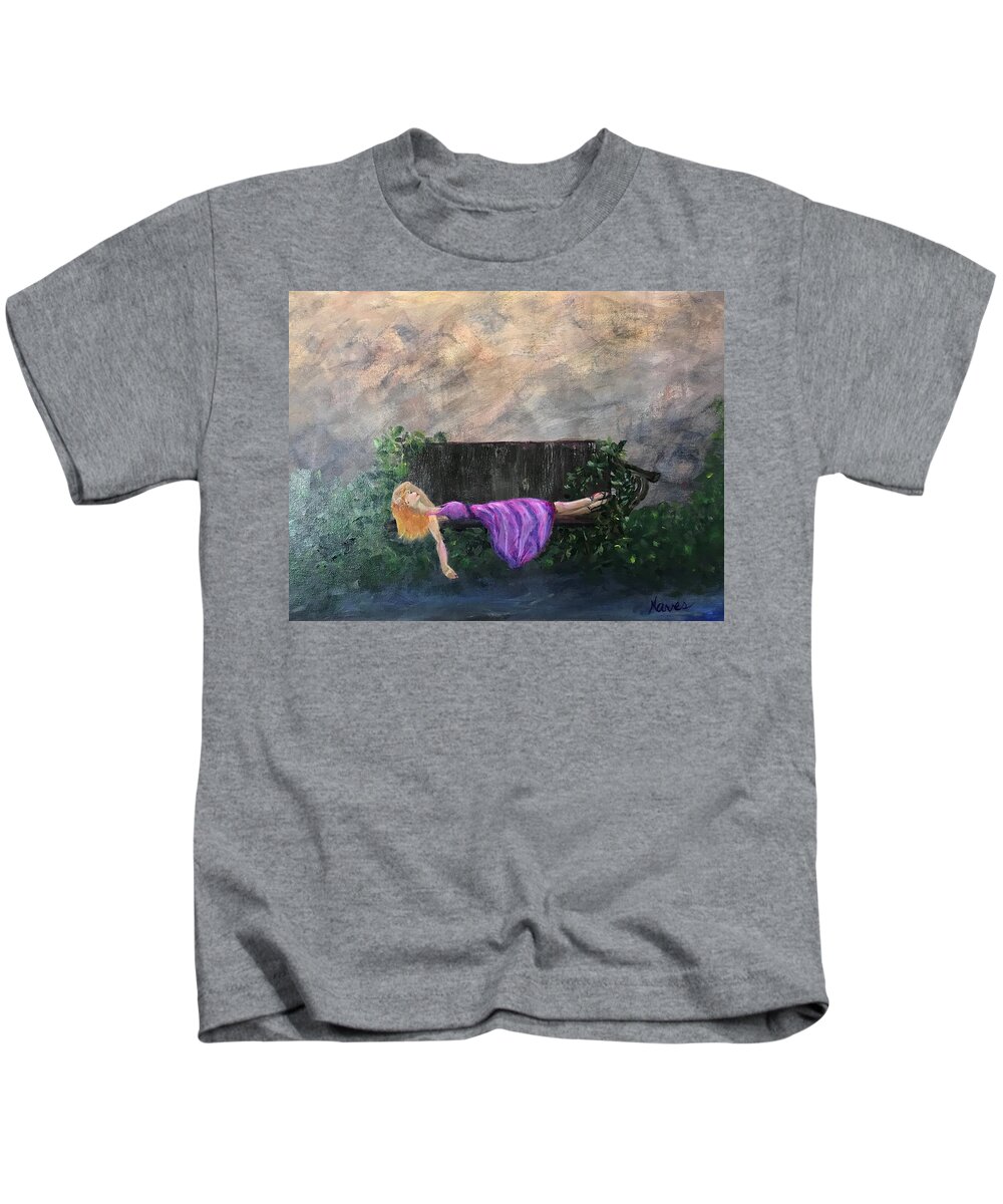 Bench Kids T-Shirt featuring the painting Captivating Ladies 2 by Deborah Naves