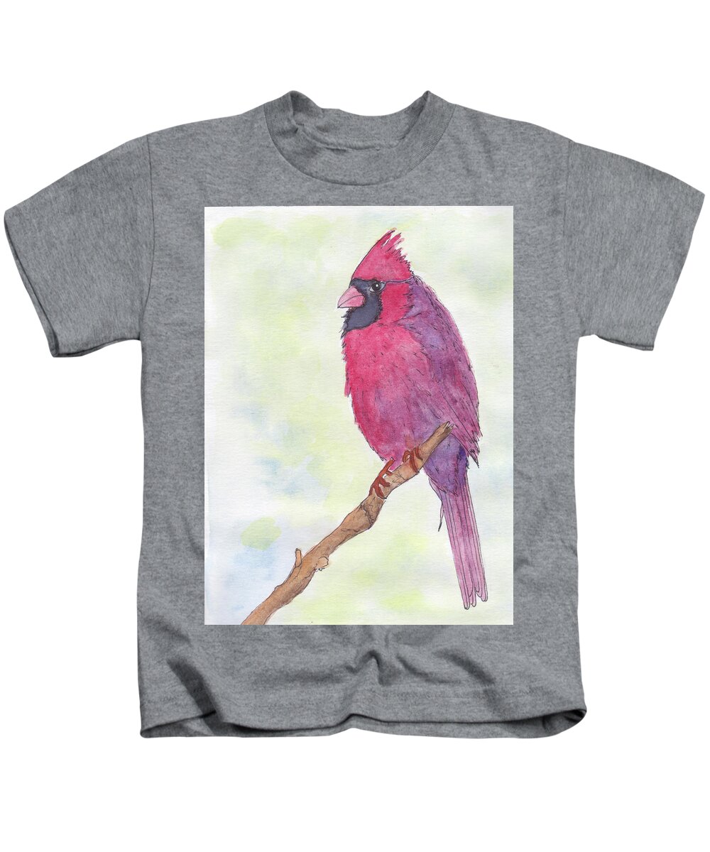 Birds Kids T-Shirt featuring the painting Cardinal Visiting by Anne Katzeff