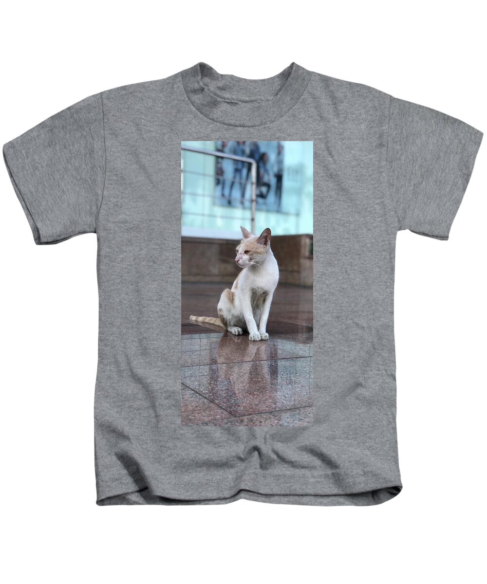 Wallpaper Kids T-Shirt featuring the photograph Cat Sitting On Marble Floor by Prashant Dalal