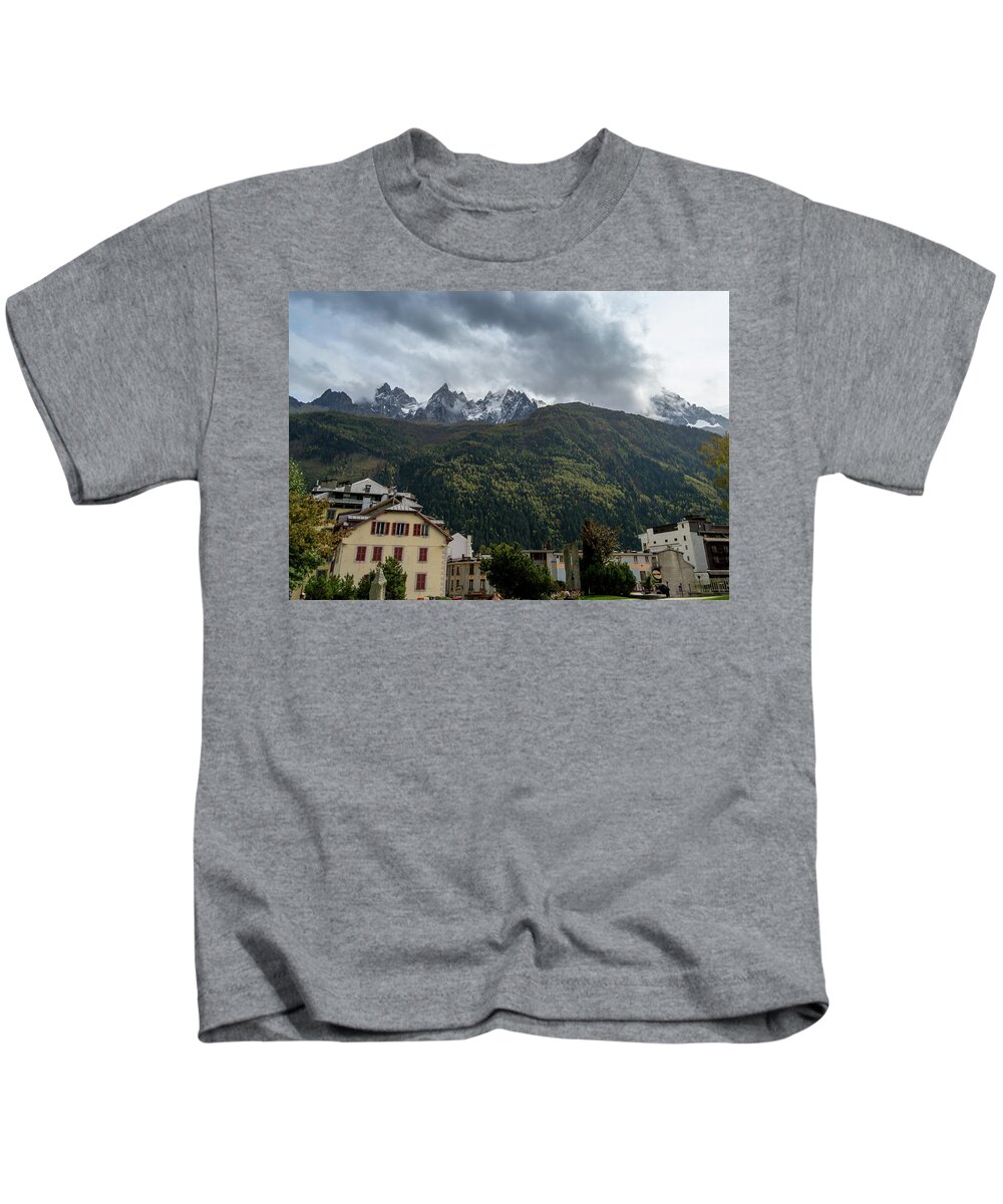 France Kids T-Shirt featuring the photograph Chamonix looking up to Mont Blanc by Andrew Lalchan
