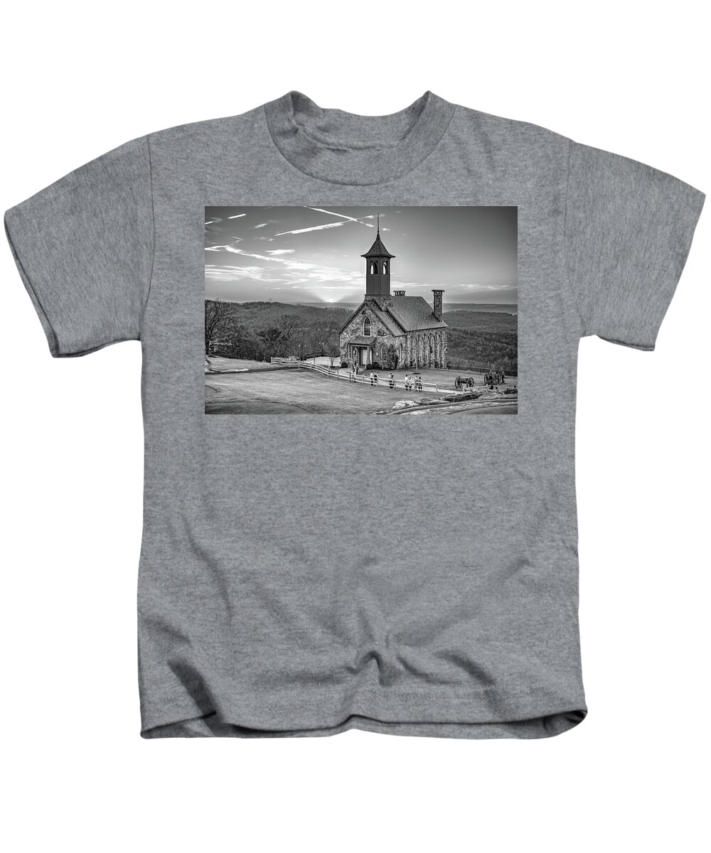 Chapel Of The Ozarks Kids T-Shirt featuring the photograph Chapel of the Ozarks Top of the Rock Monochrome Sunset by Gregory Ballos