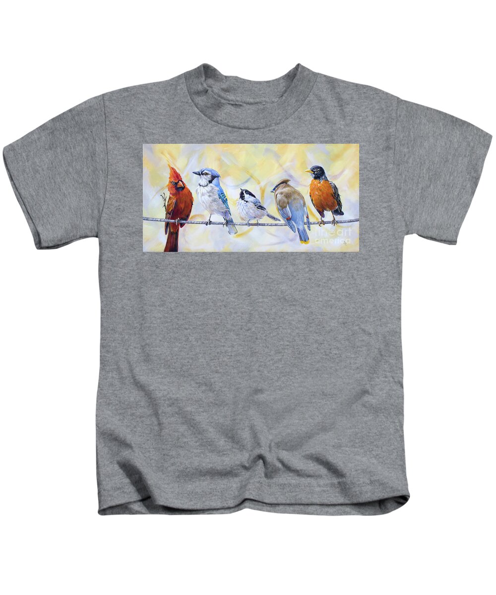 Birds Kids T-Shirt featuring the painting Chatting Online by Annie Troe