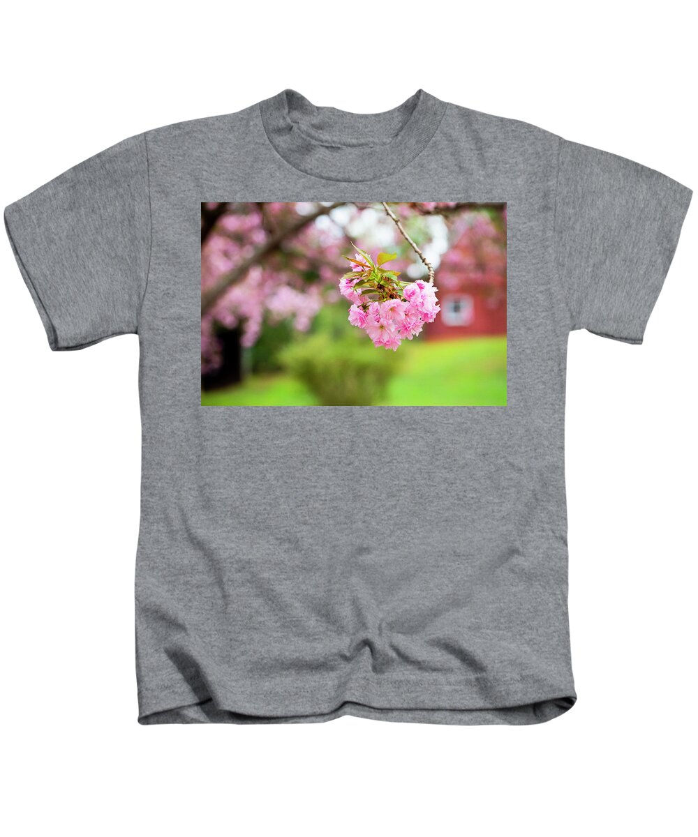 North Wilkesboro Kids T-Shirt featuring the photograph Cherry Blossoms and Farm Buildings by Charles Floyd