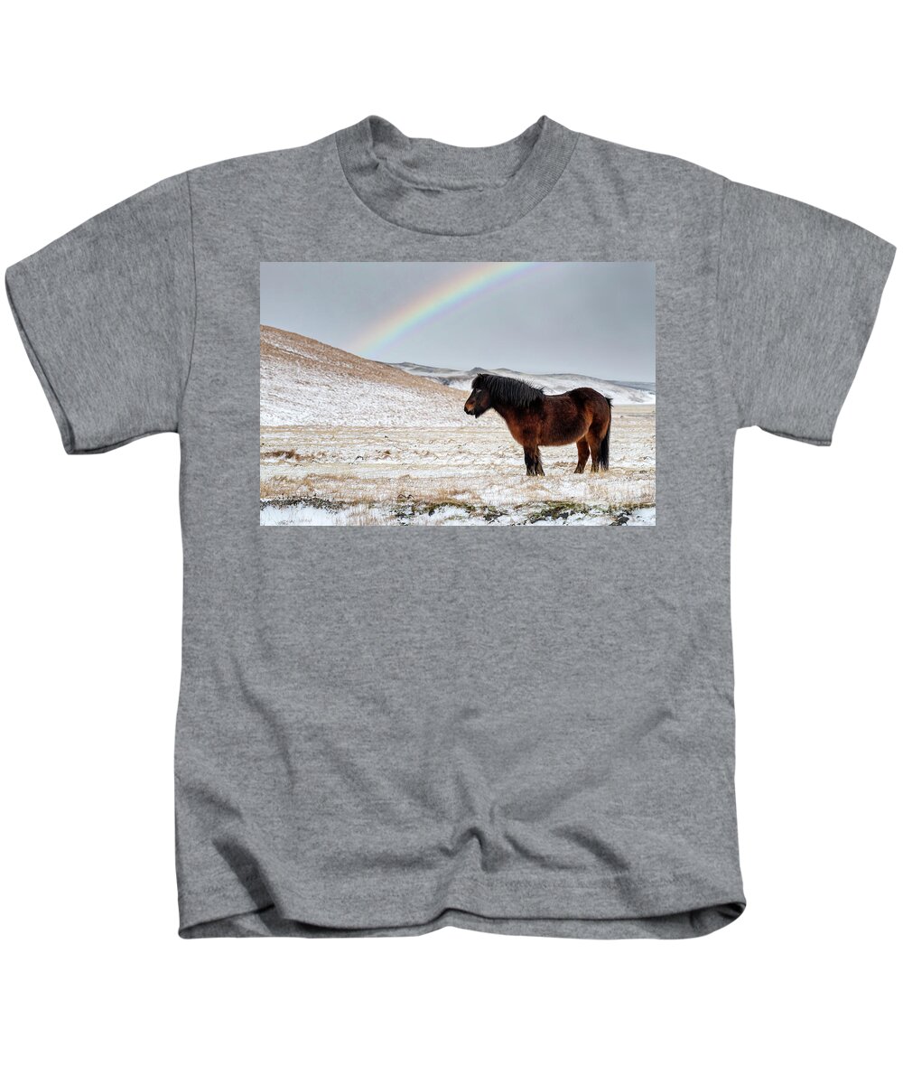 Farm Kids T-Shirt featuring the photograph Chestnut Icelandic horse with rainbow by Jane Rix
