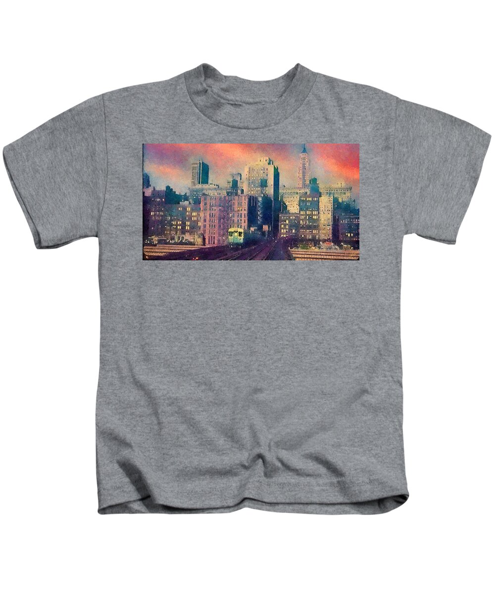 Cta Kids T-Shirt featuring the painting Chicago Rapid Transit 1950s by Glenn Galen