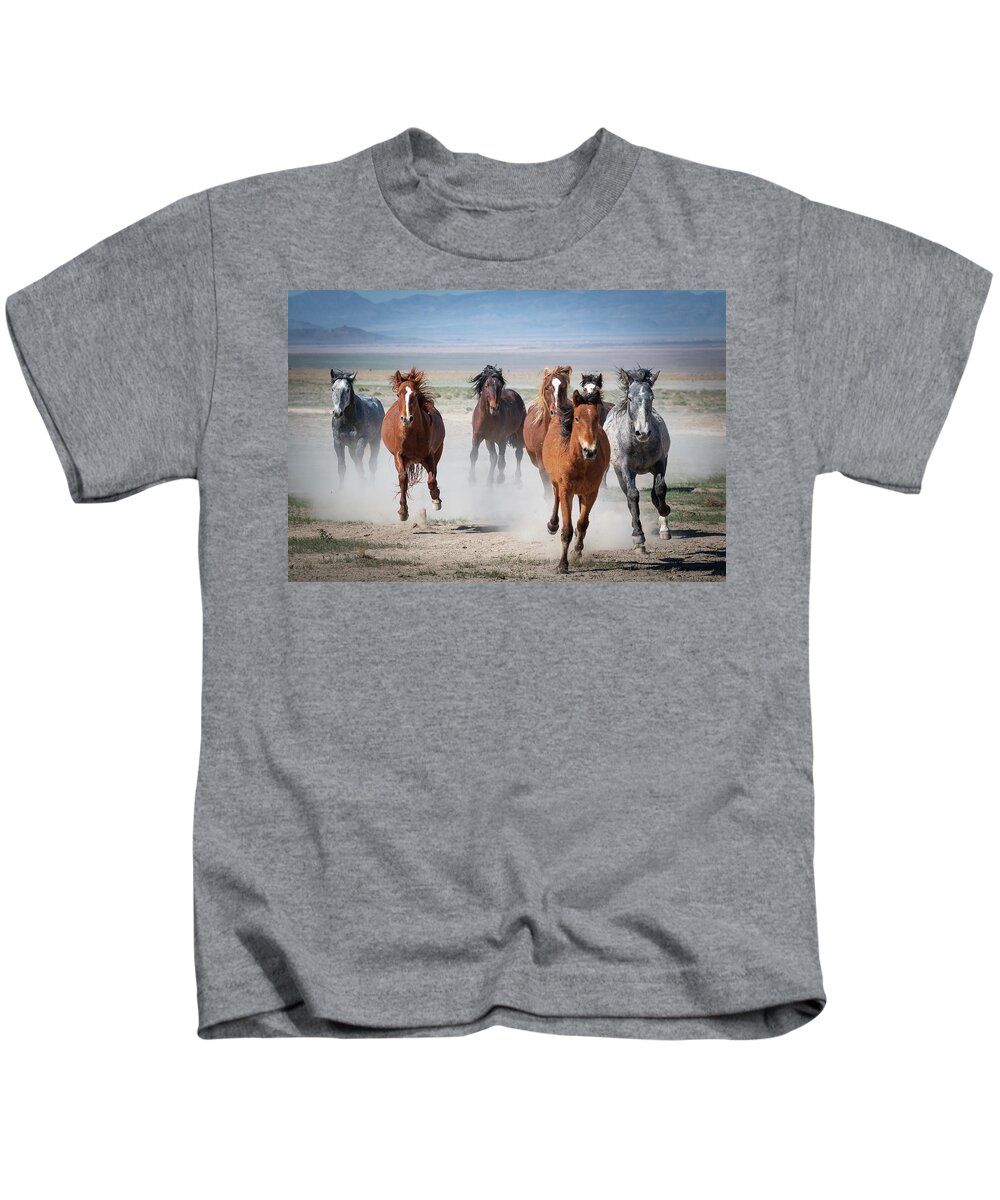 Wild Horses Kids T-Shirt featuring the photograph Coming in Hot by Mary Hone
