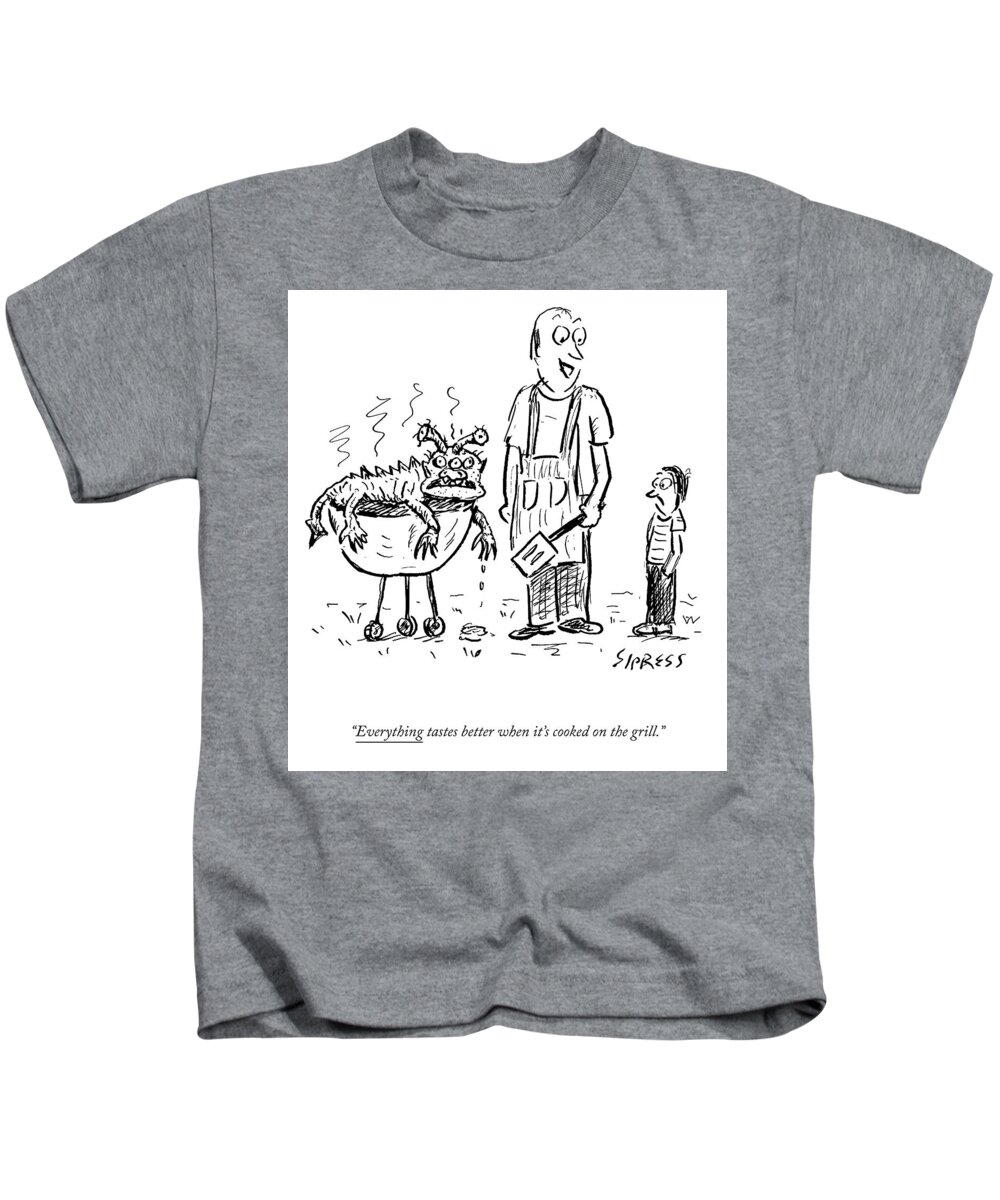 A26591 Kids T-Shirt featuring the drawing Cooked On a Grill by David Sipress