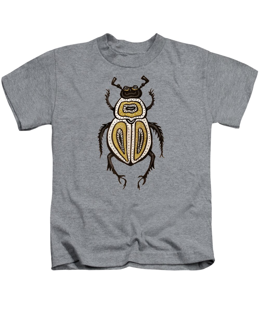 Entomology Kids T-Shirt featuring the drawing Cool beetle art in black white and yellow by Boriana Giormova