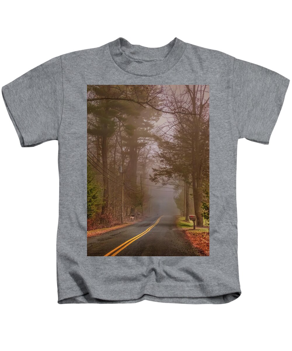Fog Kids T-Shirt featuring the photograph County road in the fog by Cordia Murphy