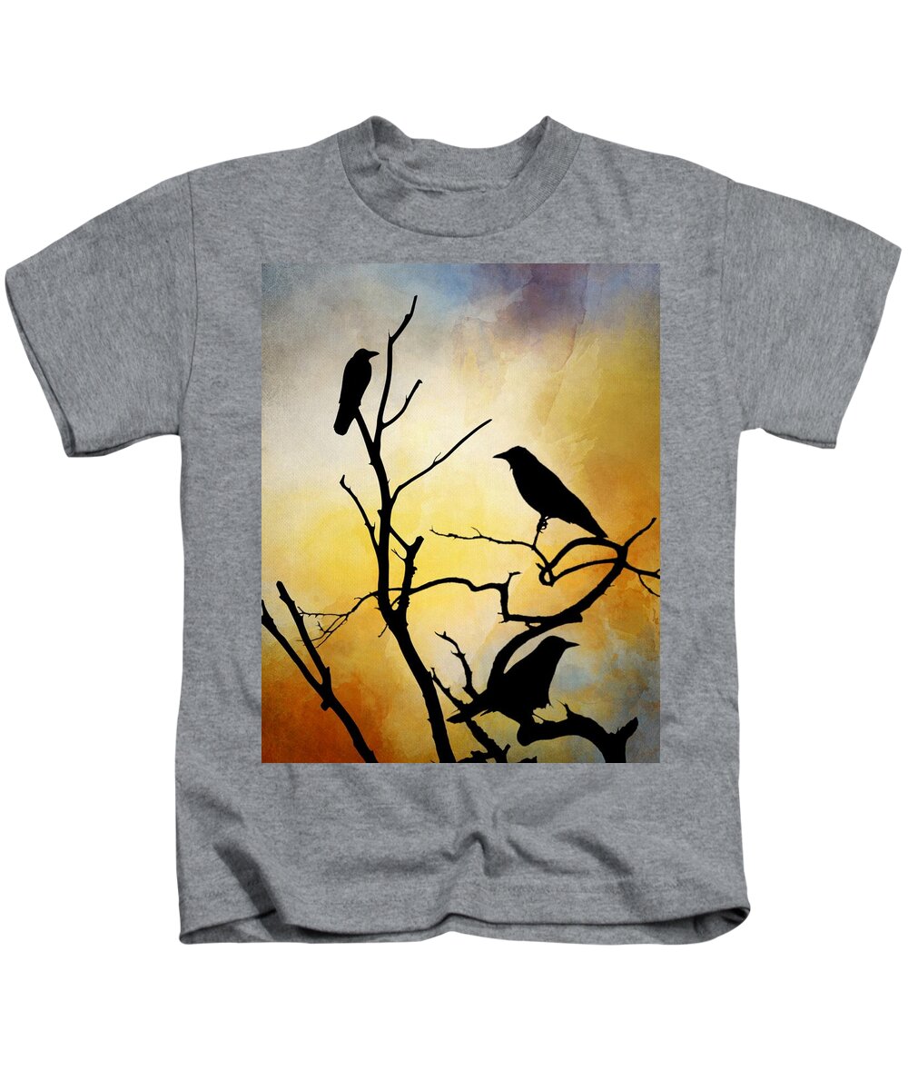 Bird Kids T-Shirt featuring the digital art Crow Birds on Tree Bird 95 by Lucie Dumas