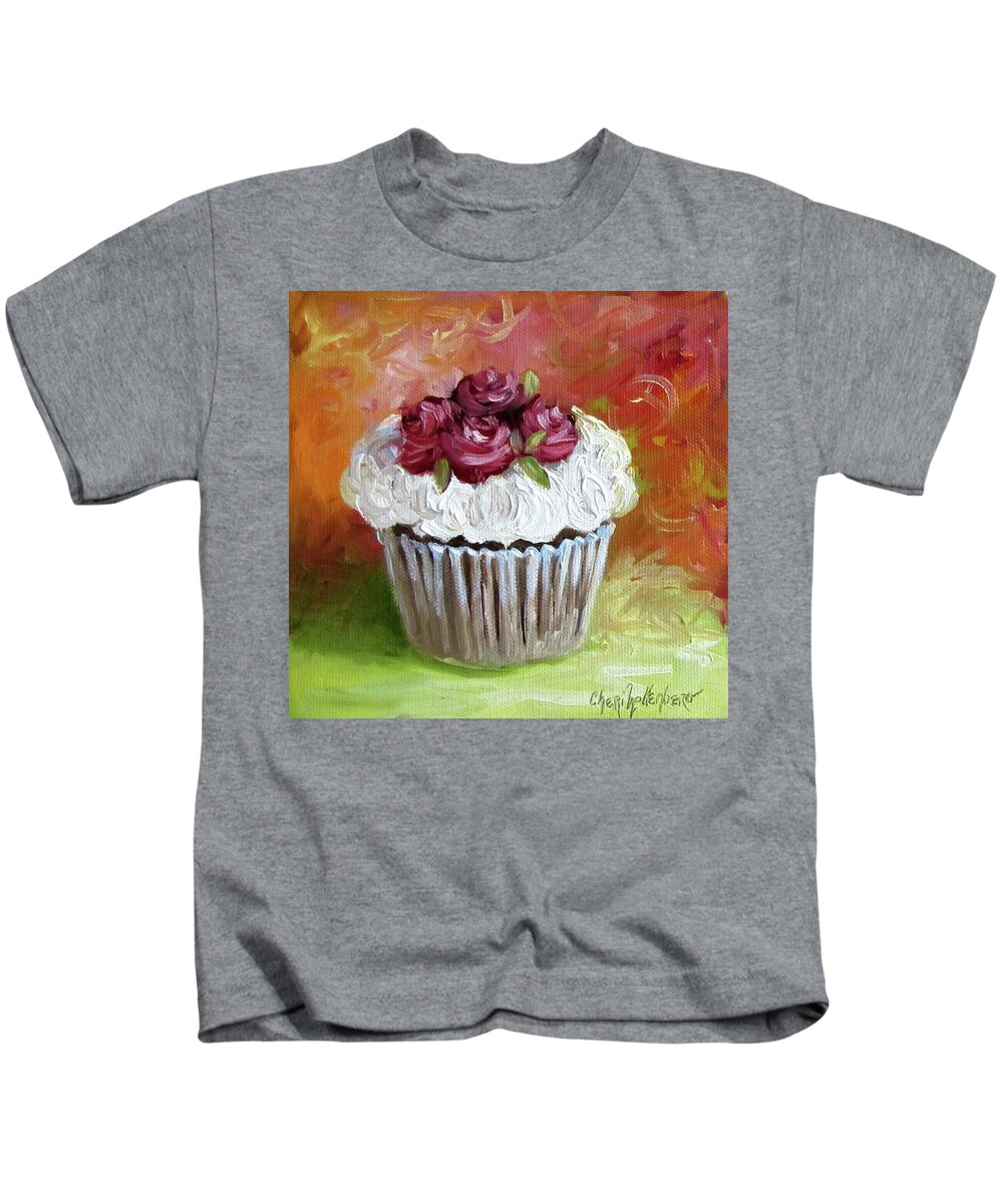 Cupcake Painting Kids T-Shirt featuring the painting Cupcake With Roses by Cheri Wollenberg
