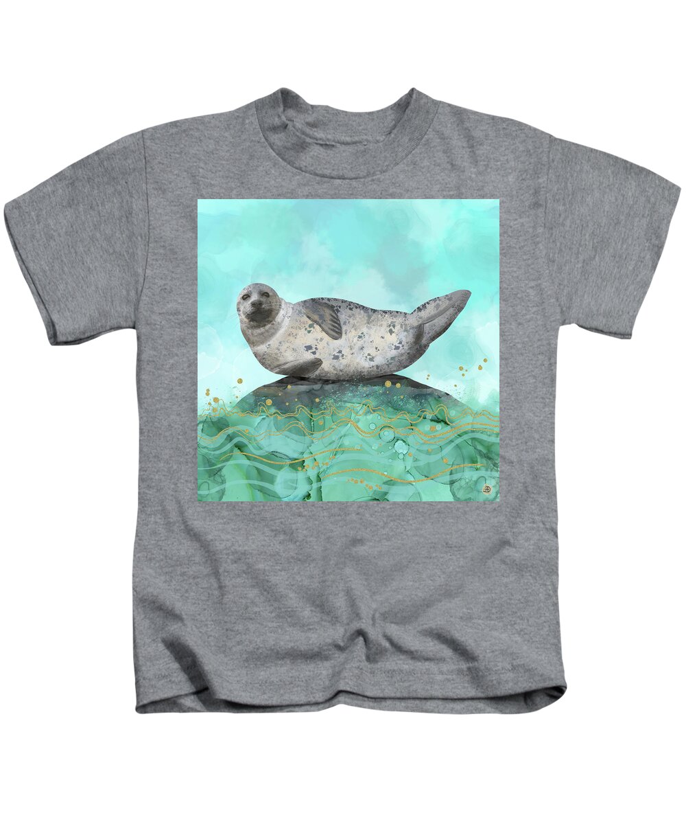 Freshwater Seal Kids T-Shirt featuring the digital art Cute Alaskan Iliamna Seal in Banana Pose by Andreea Dumez