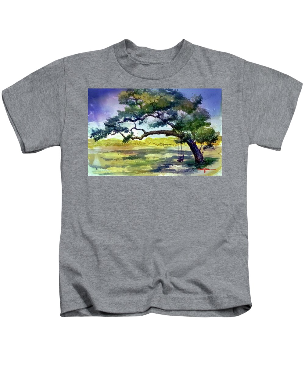 Tree Kids T-Shirt featuring the painting DA187 Tree Swing painting by Daniel Adams by Daniel Adams