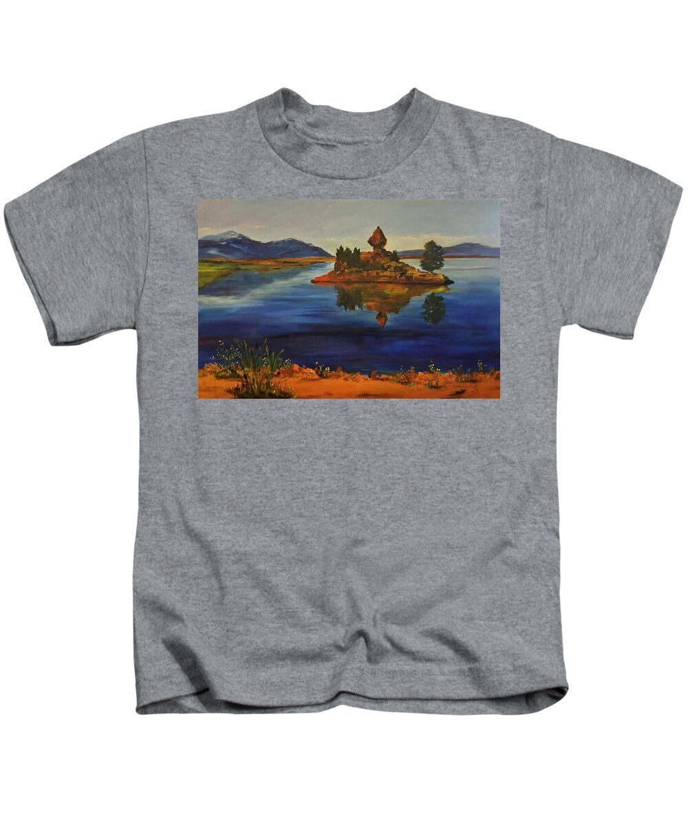 Diamond Point Kids T-Shirt featuring the painting Diamond Point Ennis Lake   4620 by Cheryl Nancy Ann Gordon
