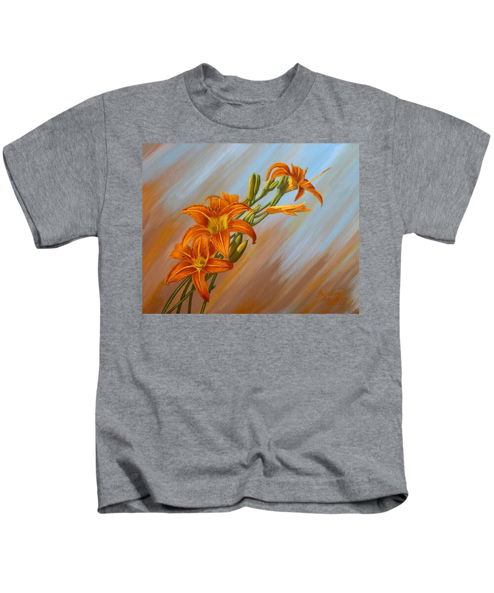 Blue Kids T-Shirt featuring the painting Day Lillies by Adrienne Dye