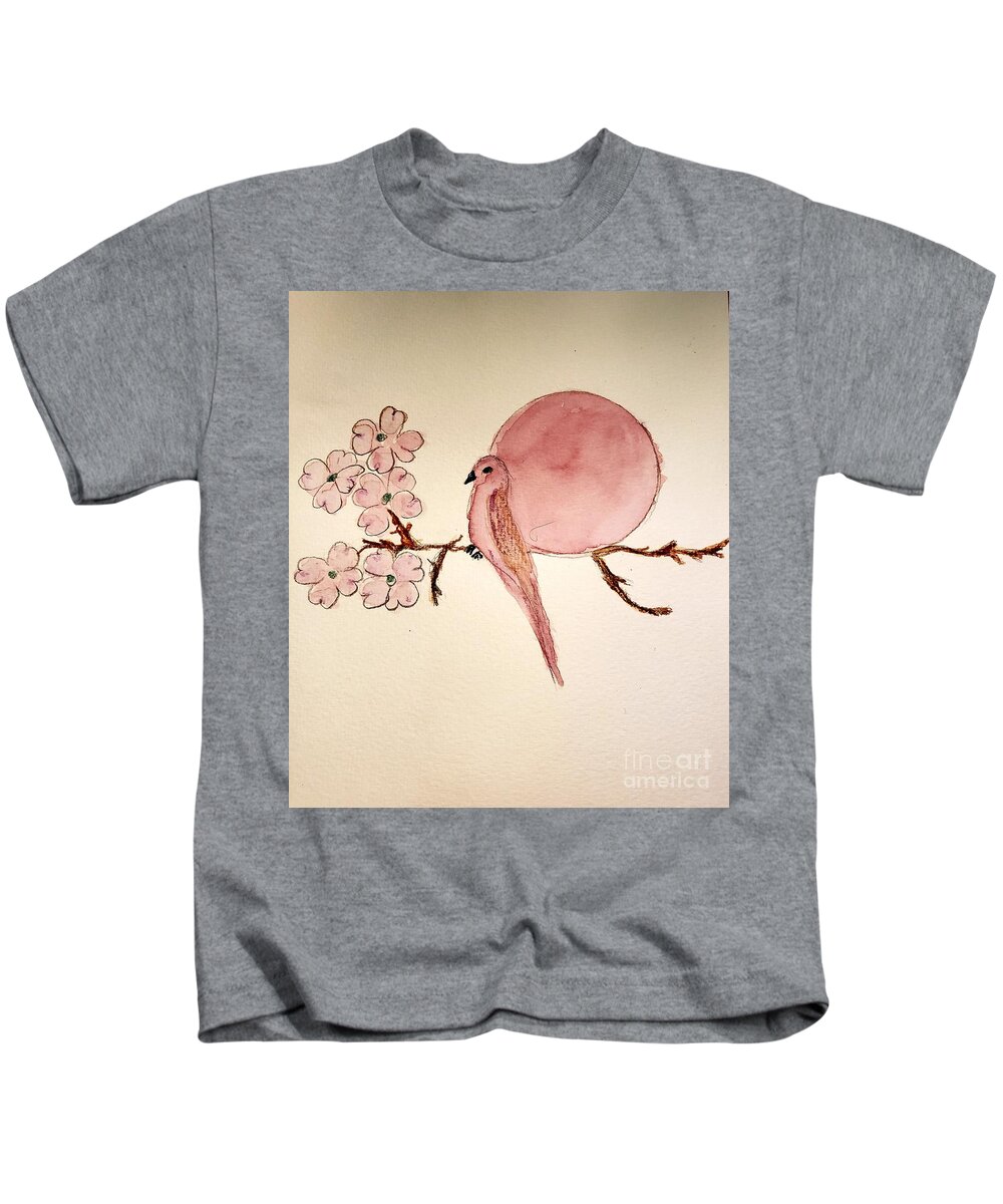  Kids T-Shirt featuring the painting Dogwood, bird and a pink moon by Margaret Welsh Willowsilk