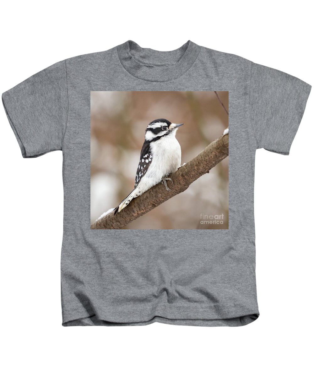 Downy Woodpecker Kids T-Shirt featuring the photograph Downy in the Snow II by Alyssa Tumale