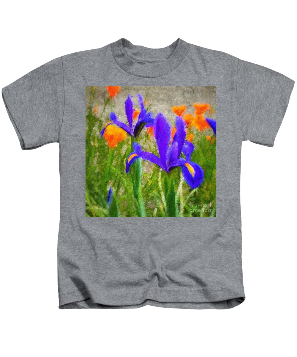 Brushstroke Kids T-Shirt featuring the photograph Dutch iris and California Poppies by Jeanette French