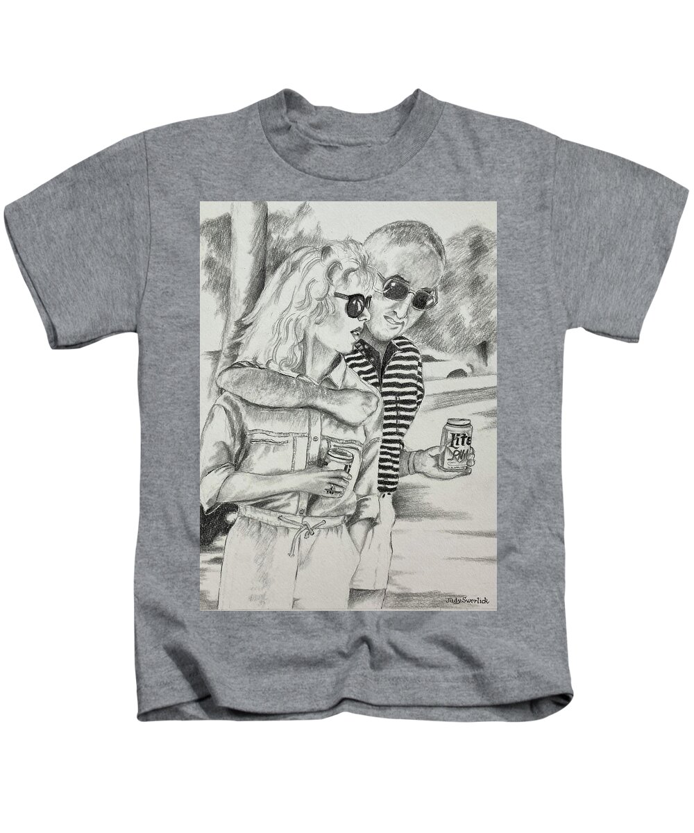 Couple Taking A Stroll Kids T-Shirt featuring the drawing Enduring Love by Judy Swerlick