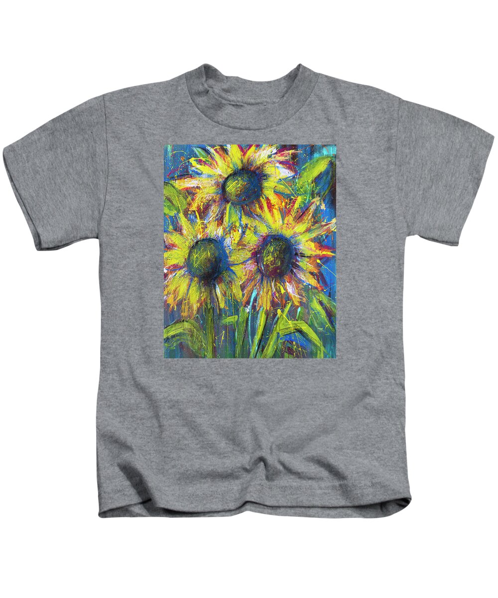 Sunflower Kids T-Shirt featuring the painting Farmhouse Sunflowers by Joanne Herrmann