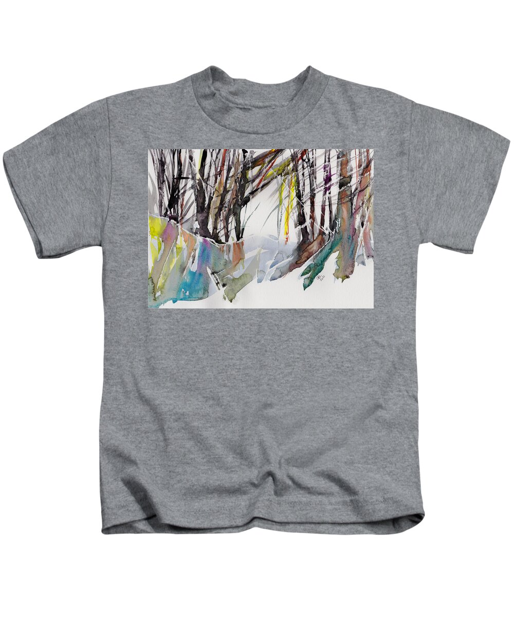 Woods Kids T-Shirt featuring the painting Fiskerton Road Wood by Ann Leech