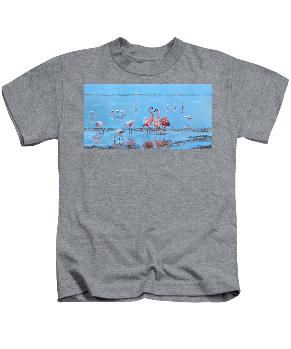 Flamingos Kids T-Shirt featuring the painting Flamingo Sushi Bar by Judy Rixom