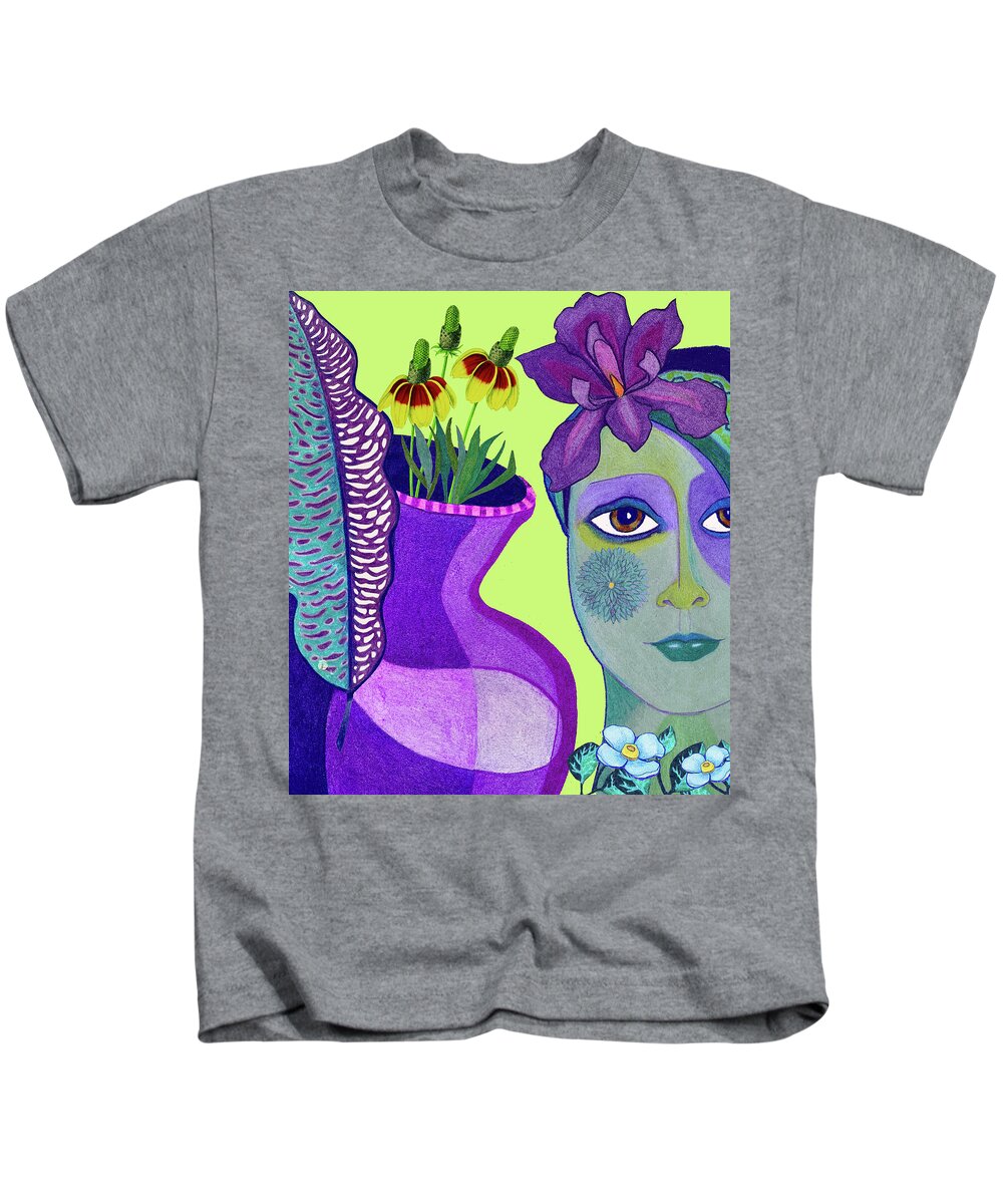 Flowers Kids T-Shirt featuring the mixed media Flower Girl with Feather by Lorena Cassady