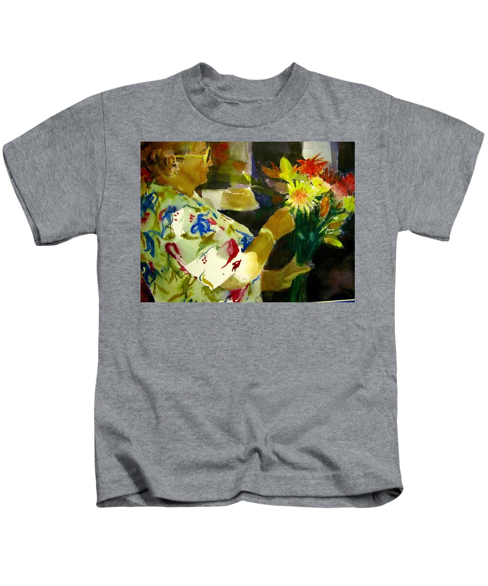 Walt Maes Kids T-Shirt featuring the painting Flower Lady by Walt Maes