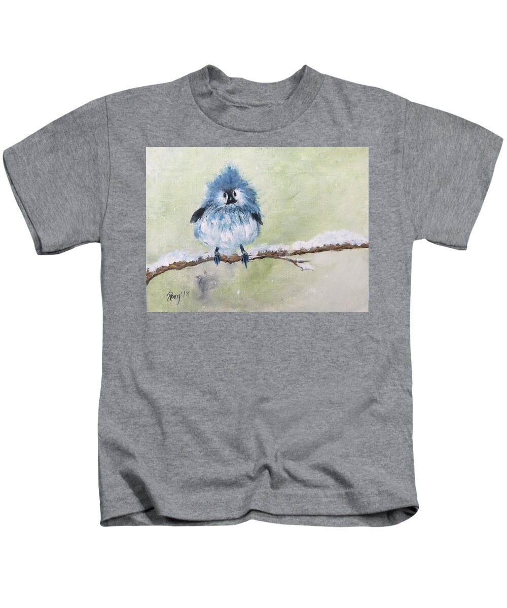 Blue Bird Kids T-Shirt featuring the painting Fluffy Blue Bird by Roxy Rich