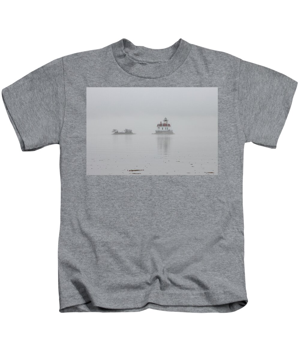 Esopus Lighthouse Kids T-Shirt featuring the photograph Foggy March Evening on the Hudson by Jeff Severson