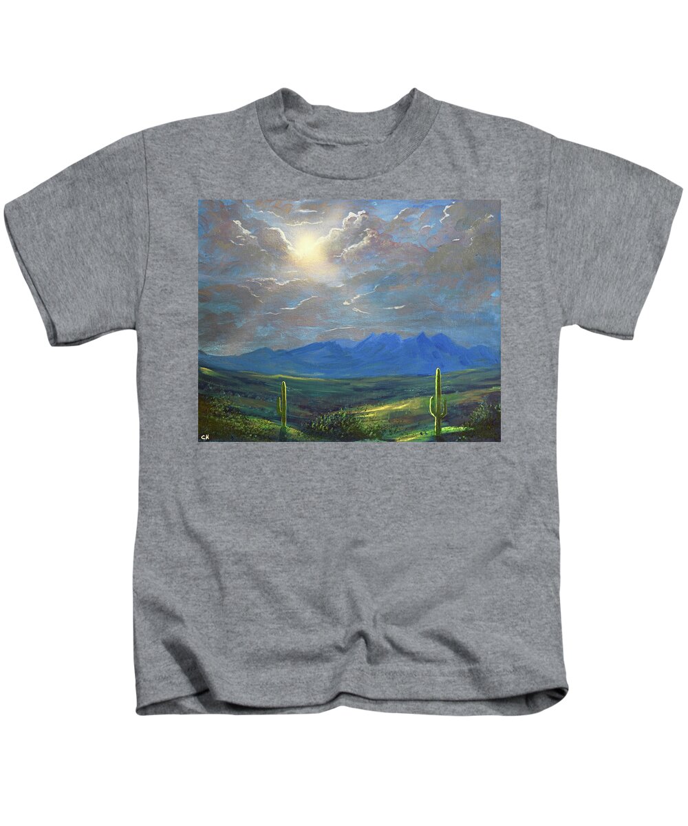 Four Peaks Kids T-Shirt featuring the painting Four Peaks Morning Light, Arizona by Chance Kafka