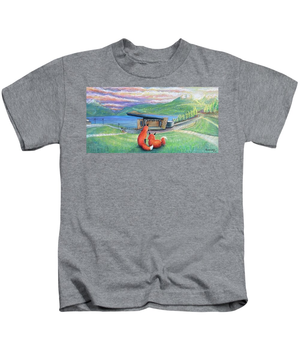 Dillon Kids T-Shirt featuring the painting Foxes at Lake Dillon Amphitheater by David Sockrider