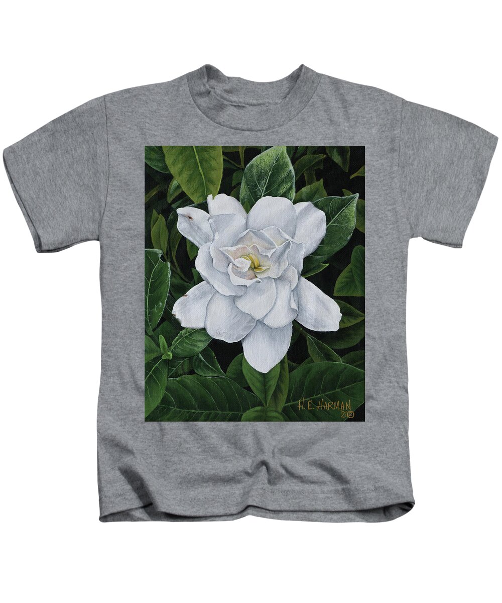 Gardenia Kids T-Shirt featuring the painting Gardenia by Heather E Harman