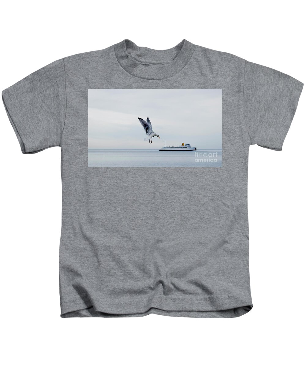 Seagull Kids T-Shirt featuring the photograph Giant Seagull Attacks Ferry by Debra Banks