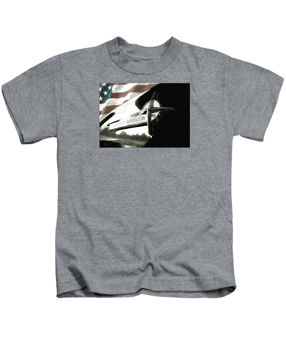 Motorcycle Kids T-Shirt featuring the drawing Glory and Power by Ann Ranlett
