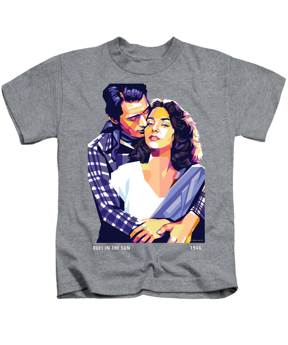 Synopsis Kids T-Shirt featuring the digital art Gregory Peck and Jennifer Jones - ''Duel in the Sun'', with synopsis by Movie World Posters