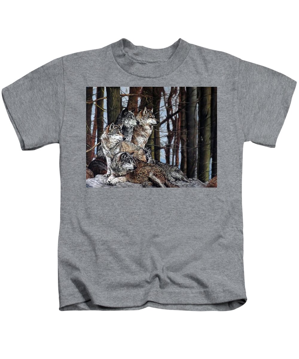 Wolves Kids T-Shirt featuring the painting Grey Wolves by Linda Becker