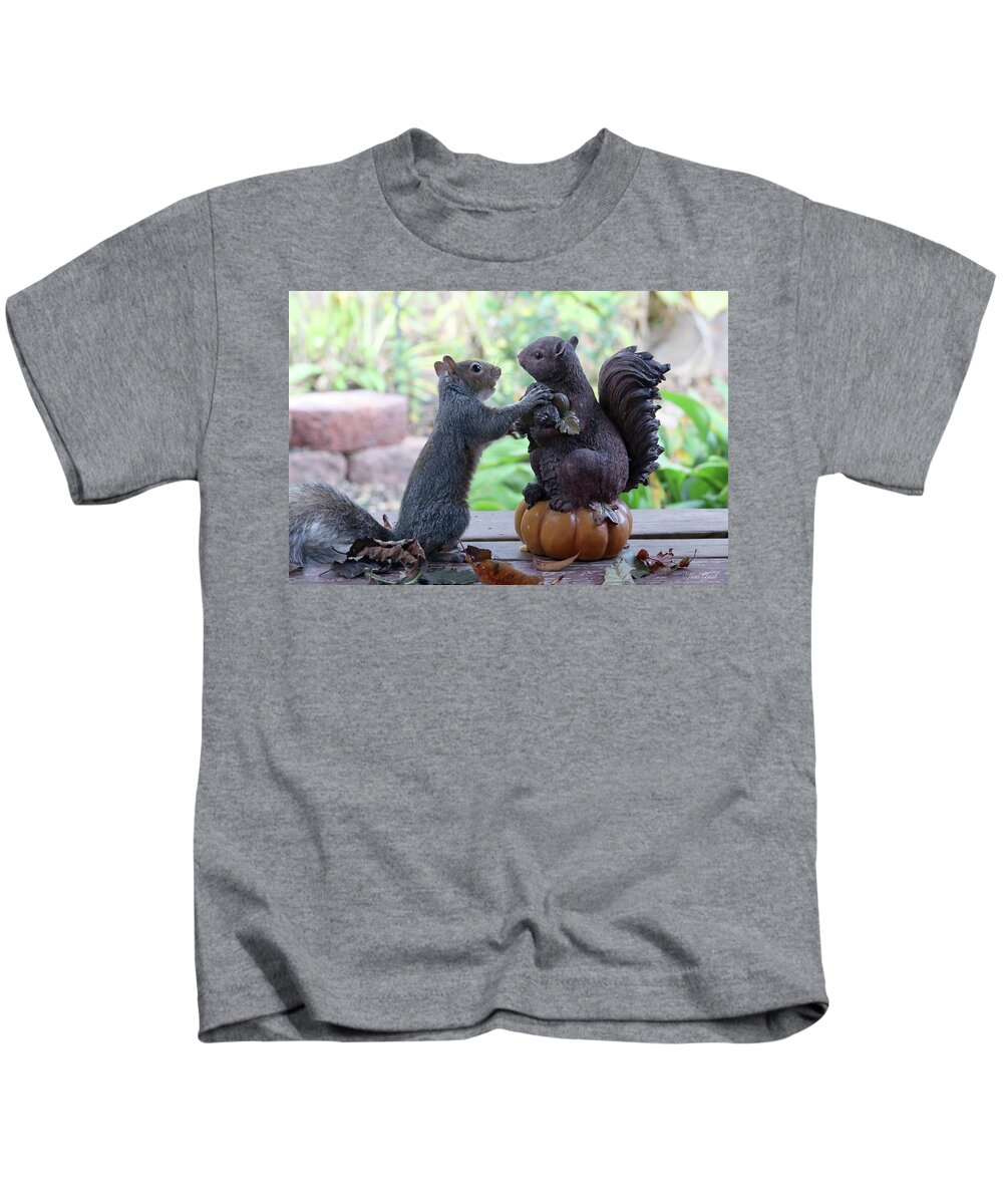 Squirrels Kids T-Shirt featuring the photograph Hand Over a Nut Please by Trina Ansel