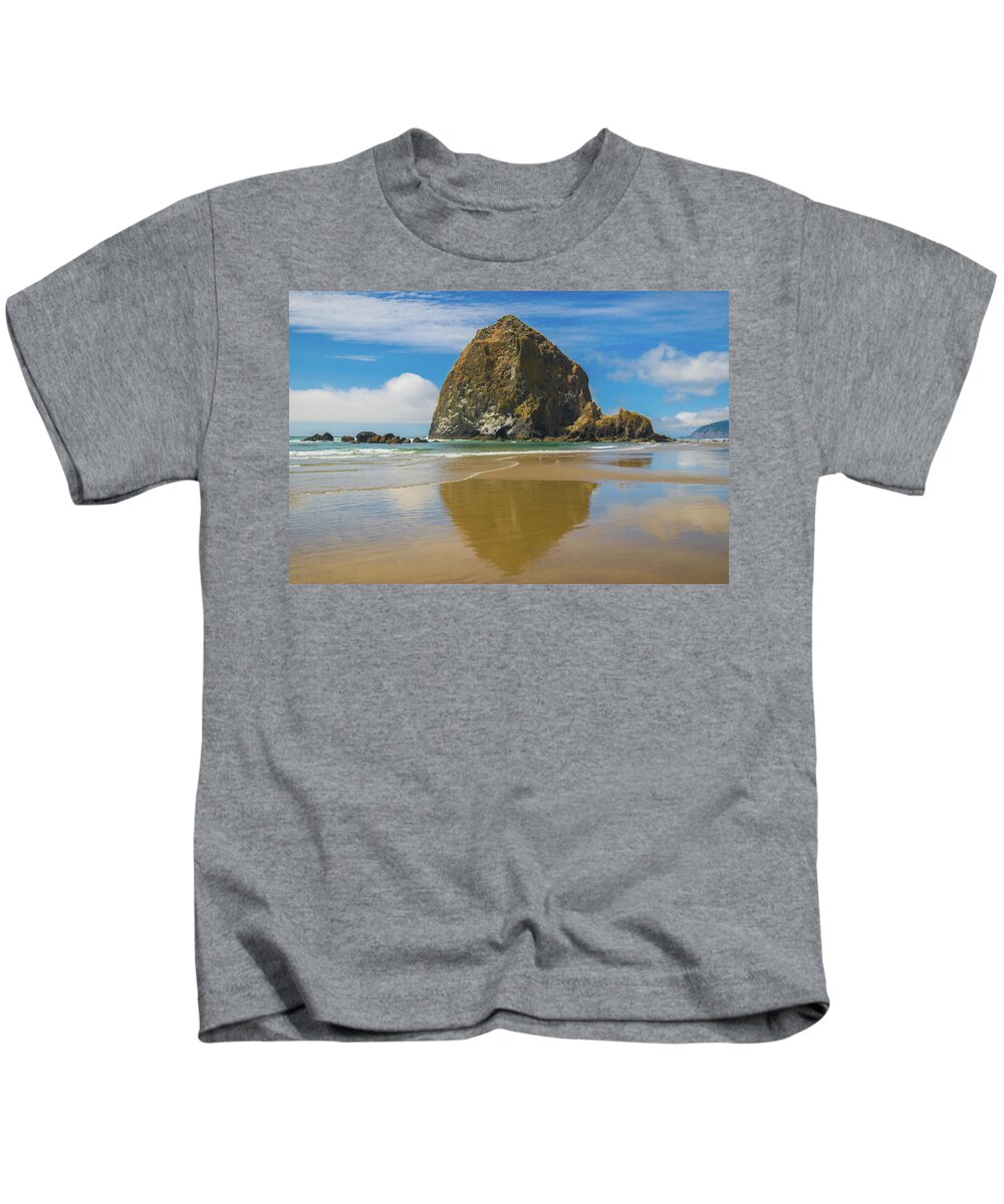 Beach Kids T-Shirt featuring the photograph Haystack Rock Reflection by Matthew DeGrushe