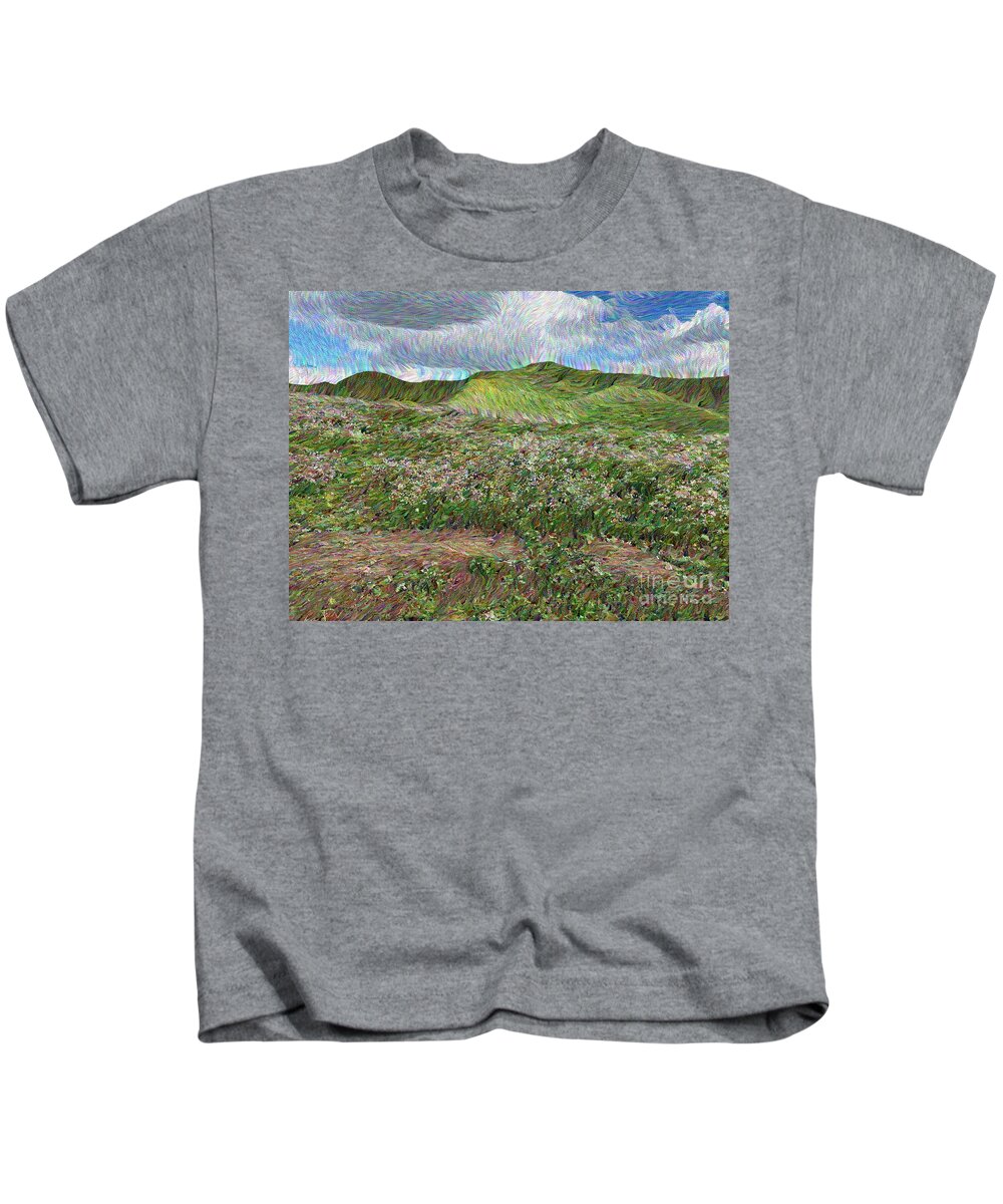 Clouds Kids T-Shirt featuring the photograph Hills, Clouds and Wildflowers by Katherine Erickson