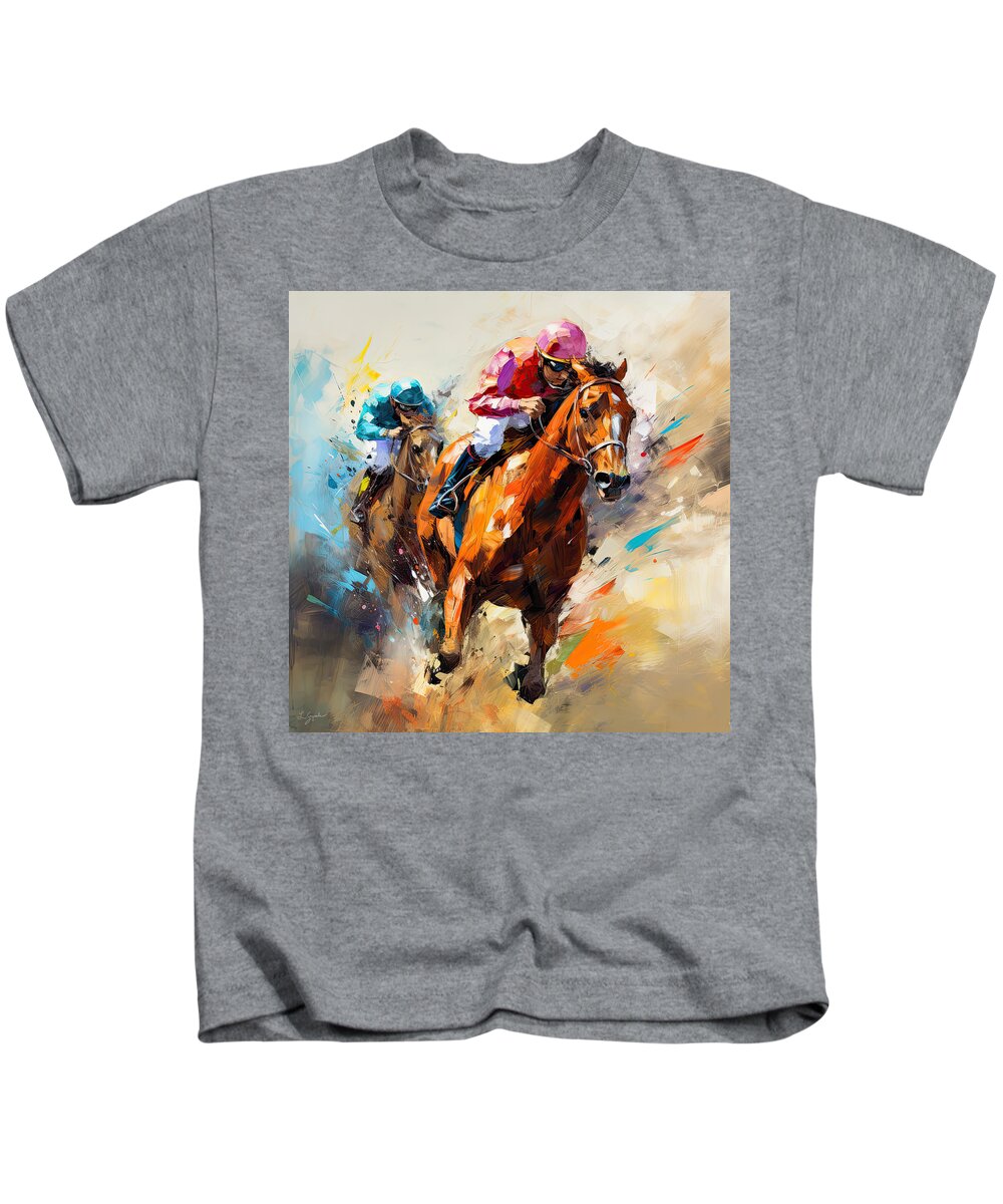 Horse Racing Kids T-Shirt featuring the digital art Horse Racing III - Colorful Horse Racing Artwork by Lourry Legarde