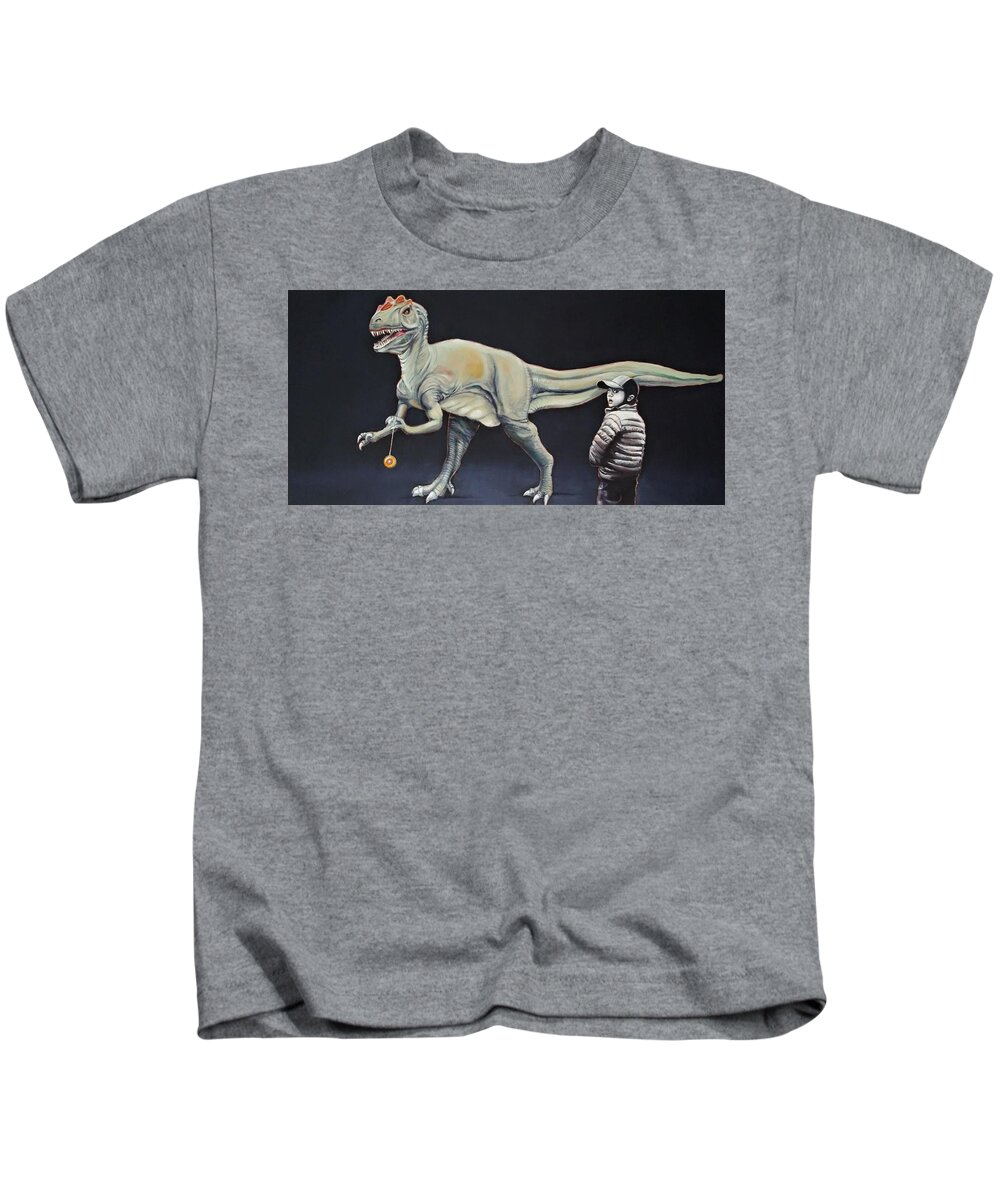 Dinosaur Kids T-Shirt featuring the painting How My Brother Lost His Yo-Yo by Jean Cormier