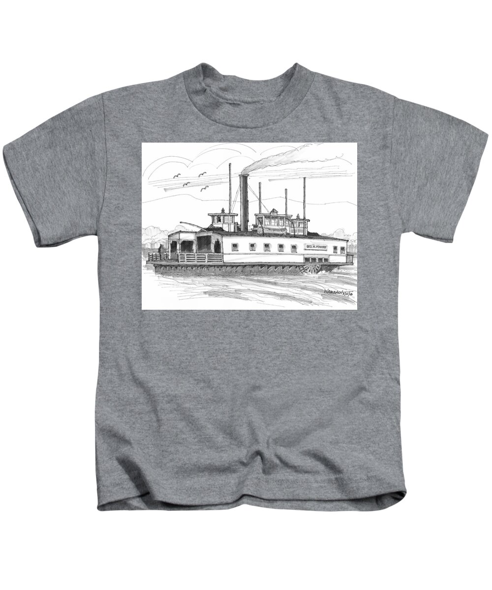 Geo H Powers Kids T-Shirt featuring the drawing Hudson River Steam Ferry Boat Geo H Powers by Richard Wambach