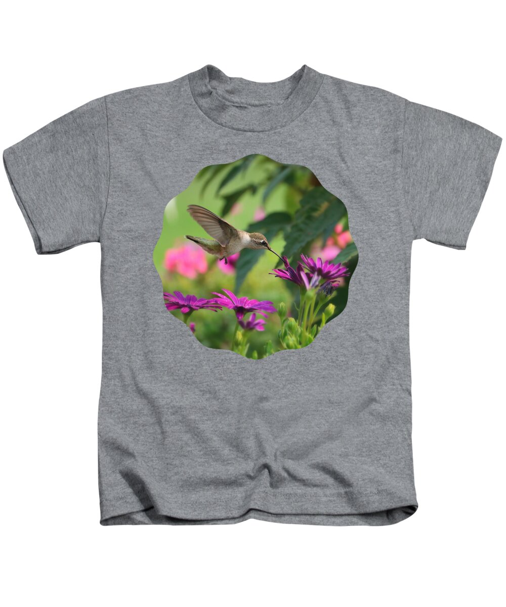 Hummingbird Kids T-Shirt featuring the photograph Hummingbird Purple Daisy Square by Carol Groenen