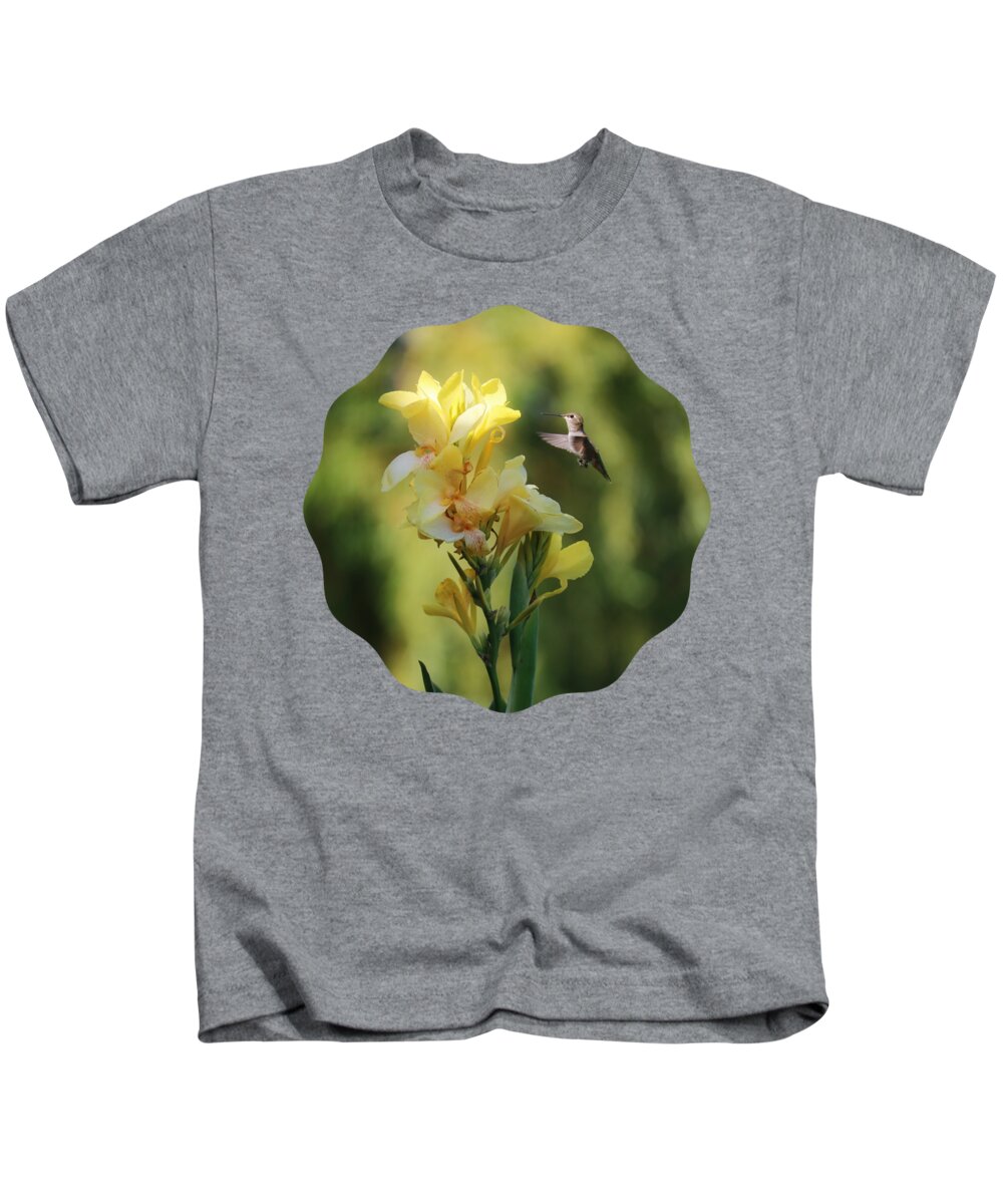 Hummingbird Kids T-Shirt featuring the photograph Hummingbird with Yellow Canna Lily 6 Square by Carol Groenen