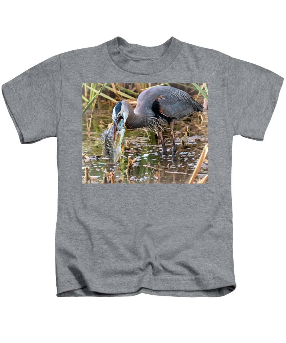 Great Blue Heron Kids T-Shirt featuring the photograph Hungry Heron by Jaki Miller