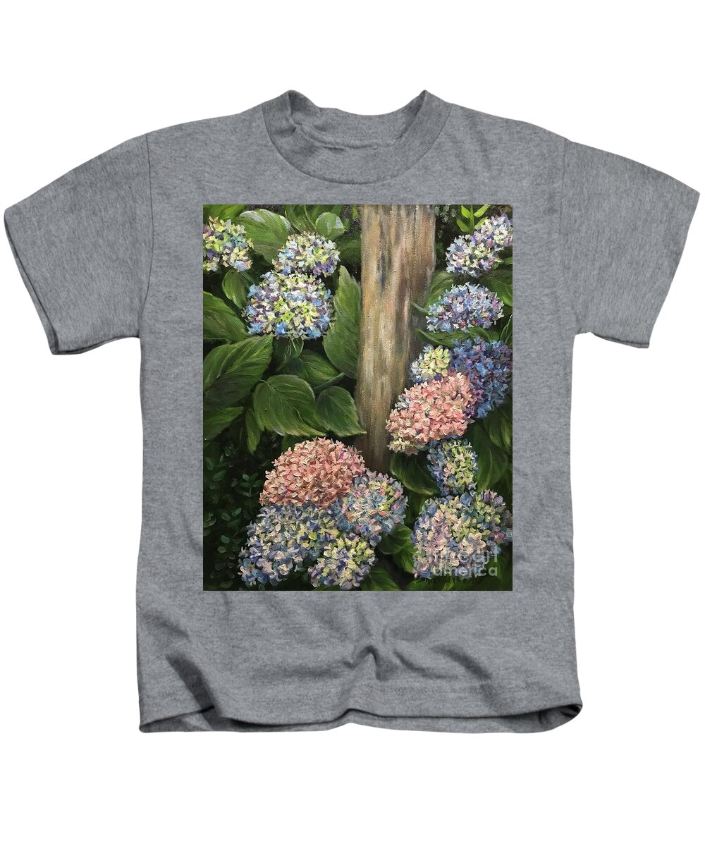 Paintings Kids T-Shirt featuring the painting Hydrangeas and Post by Sherrell Rodgers