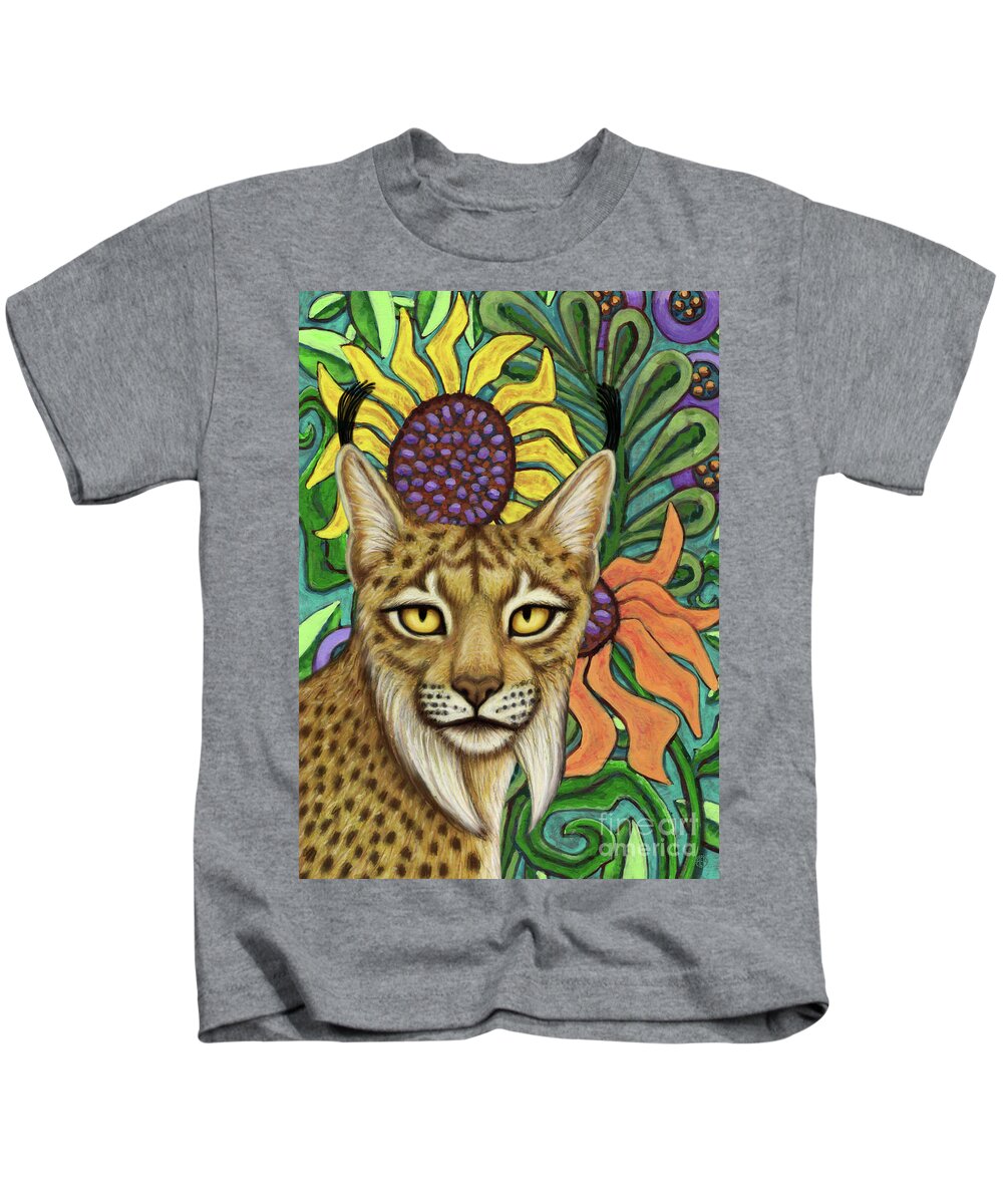 Iberian Lynx Kids T-Shirt featuring the painting Iberian Sunflower Lynx by Amy E Fraser