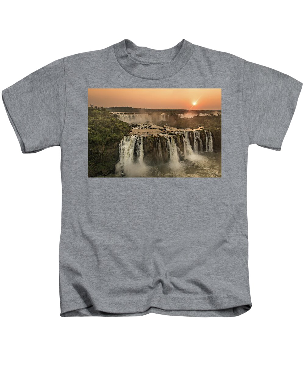 Waterfall Kids T-Shirt featuring the photograph Iguazu Sunset by Linda Villers